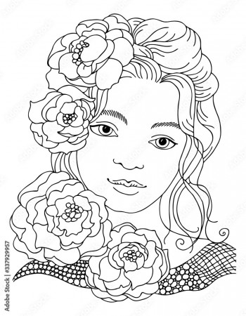 Pretty woman portrait. Beautiful girl with flowers on hair. Hand drawn  picture. Sketch for anti-stress adult coloring book. Vector illustration  for coloring page. Fashion illustration. Stock Vector | Adobe Stock