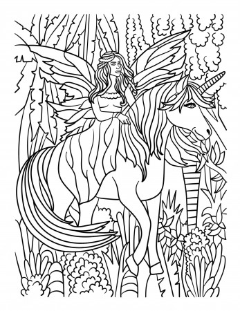 Premium Vector | Fairy riding unicorn coloring page for adults