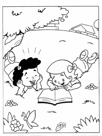 free nature coloring pages 2 children reading book in the garden ...