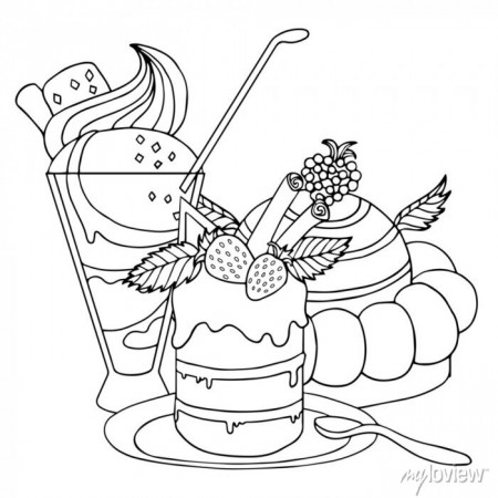 Sweet dessert coloring page. bakery, cake, ice cream, chocolate, • wall  stickers chocolate, sweet, dessert | myloview.com