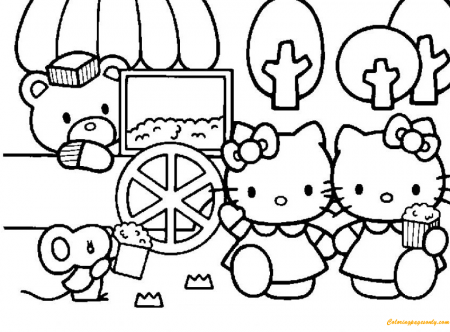 Hello Kitty Eating Popcorns With Her Friends Coloring Pages - Hello Kitty  Coloring Pages - Coloring Pages For Kids And Adults