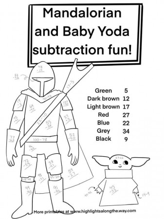 Color By Number Printable Subtraction Activity Sheet with Baby Yoda!