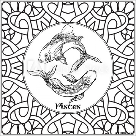 Pisces, fish. Decorative zodiac sign on pattern background. Outline hand  drawing. Good for coloring page for the adult coloring book Stock vector  illustration. Stock Vector | Adobe Stock