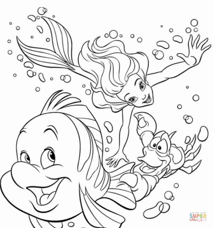 Ariel, Sebastian and Flounder Are Swimming Together coloring page ...