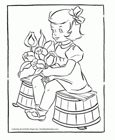 Valentine's Day Coloring Flowers - Girl with a bouquet of Flowers ...