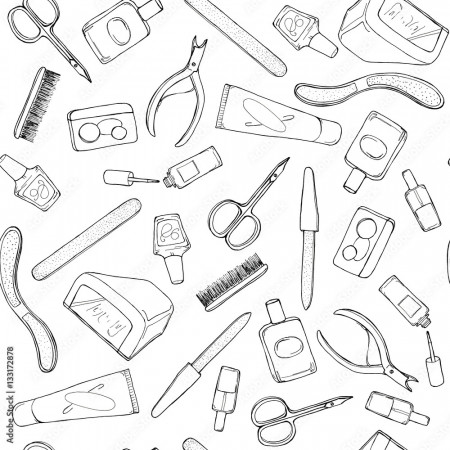 Hand drawn sketch illustration of professional manicure set with nail  scissors, nailfile, nail polish, cream, LED or UV lamp, Cuticle Nippers  seamless pattern background on abstract. Coloring book Stock Illustration |  Adobe