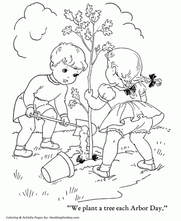Arbor Day Coloring Pages - Boy and Girl planting a tree Coloring Pages |  HonkingDonkey