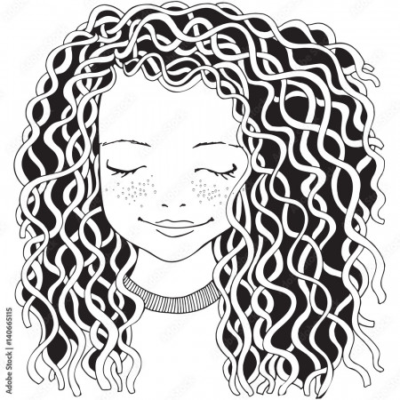 Cute girl. Coloring book page for adult. Hand drawn baby girl with long curly  hair and flowers. Black and white. Spring flowers. Line art Stock Vector |  Adobe Stock