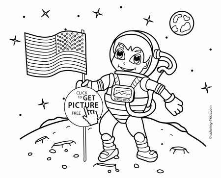 Astronaut on the moon coloring pages with US flag for kids, printable free  | coloing-4kids.com