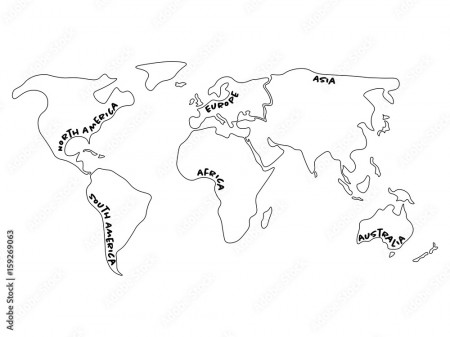 World map divided to six continents - North America, South America, Africa,  Europe, Asia and Australia Oceania. Simplified outline vector map with  continent name labels curved by borders. Stock Vector | Adobe Stock
