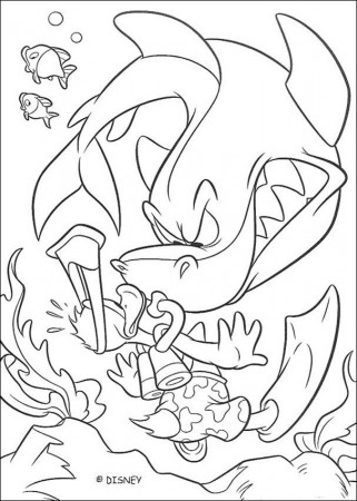Donald Duck coloring pages - Donald Duck is diving with sharks