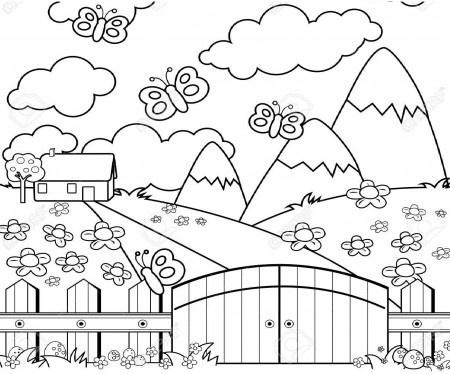 Printable House On The Hill Landscape coloring page for both aldults and  kids.