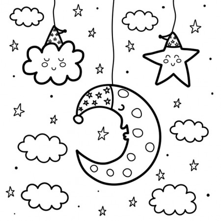 Premium Vector | Sleeping moon and star at night coloring page. sweet dreams  black and white card. outline fantasy illustration