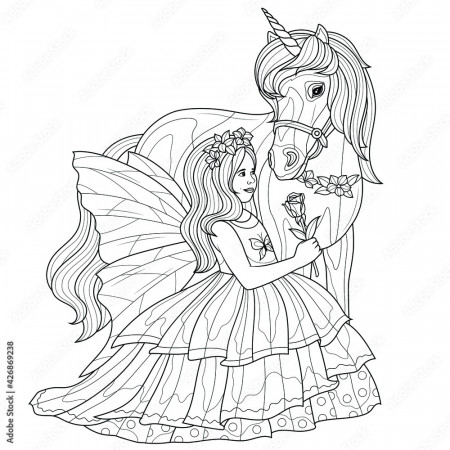 Fairy girl and unicorn.Coloring book antistress for children and adults.  Illustration isolated on white background.Zen-tangle style. Hand draw Stock  Vector | Adobe Stock