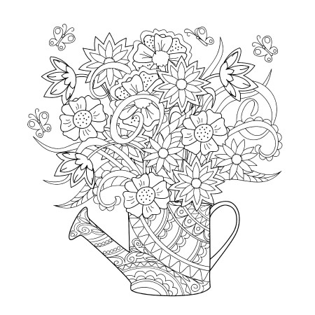 Watering can with flowers - Flowers Adult Coloring Pages