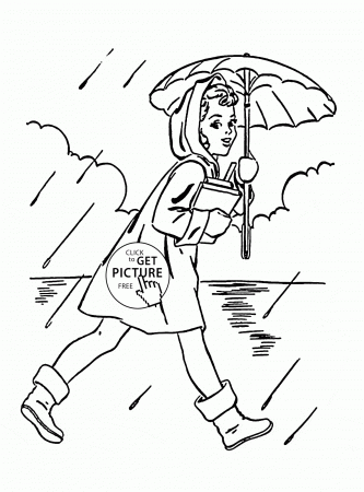 Woman with Umbrella Rainy Spring coloring page for kids, seasons ...