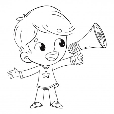 Boy speaking with a megaphone. Coloring page - Illustrations from Dibustock  Children's Stories. Illustration experts