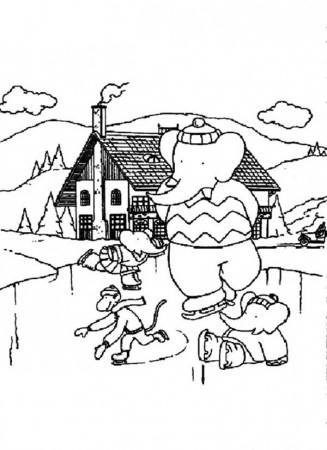 King Babar the Elephant Ice Skating Coloring Pages | Batch Coloring