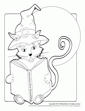 An October themed coloring page - cat reading -