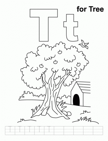 T for tree coloring page with handwriting practice | Download Free 