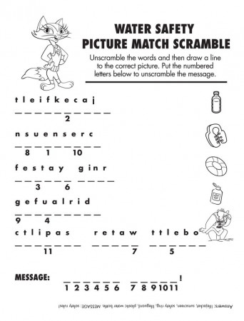 Water Safety Word Scramble Activity Sheet and Coloring Pages
