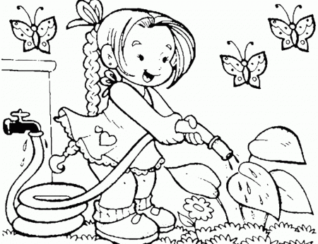 Girl Watering Flowers In The Garden Coloring Pages For Kids #FX ...