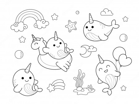 Premium Vector | Cute narwhal unicorn sea drawing coloring page illustration