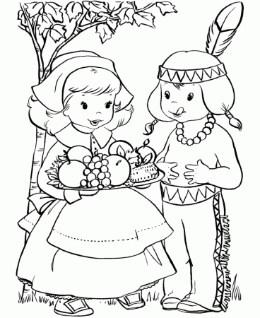 Thanksgiving Day Coloring Page Sheets - Pilgrim girl with a plate 