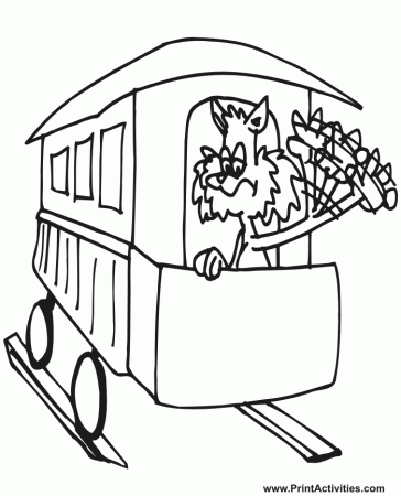 Train Coloring Page | Cartoon Passenger Car & Cat