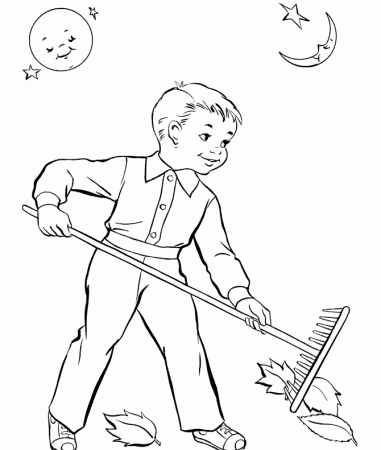Raking Leaves Fall - Fall Coloring Pages : Coloring Pages for Kids 