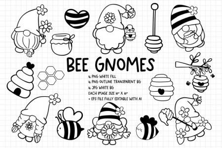 Bee Gnomes digital stamps, coloring page