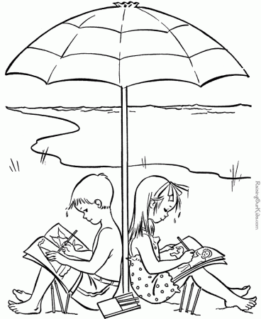 Kids under a Beach Umbrella Coloring Page