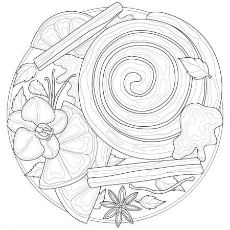 Premium Vector | Cinnamon bun on a plate with cinnamon and vanilla.coloring  book antistress for children and adults. illustration isolated on white  background.zen-tangle style.