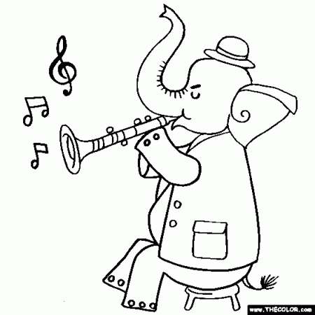 Clarinet playing Elephant coloring page
