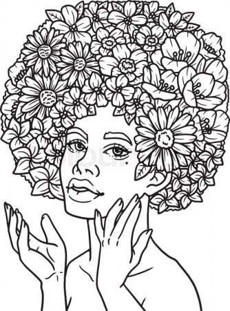 Beautiful Afro American Flower Girl Coloring Page | Stock vector | Colourbox