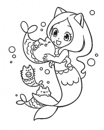 Pusheen with Mermaid Coloring Page - Free Printable Coloring Pages for Kids
