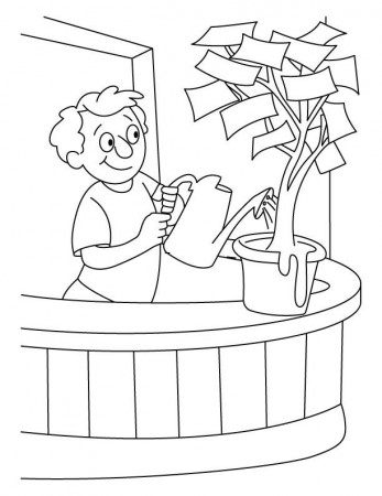 A boy giving water in the money plant coloring pages | Download 