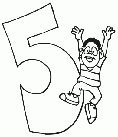 Birthday Coloring Page | A Boy Jumping Beside the Number 5