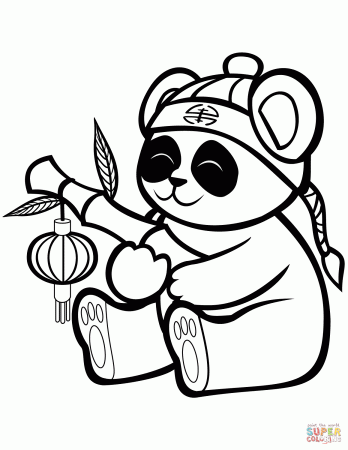 Cute Panda with a Bamboo Lantern coloring page | Free Printable ...