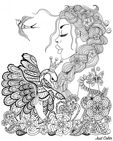 Woman swan and bird - Birds Adult Coloring Pages