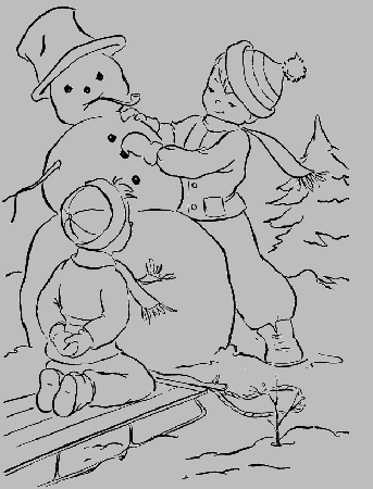 Winter : Two Little Kids Making A Cute Mr Snowman Coloring For 