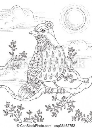 Adult coloring page with lovely lady bird in the tree. | CanStock