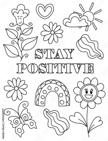 Good Vibes. Positive, Groovy Hand drawn coloring pages for kids and adults.  Beautiful drawings with patterns and small details. Coloring book pictures  with blooming branches, flowers, smile, stickers Stock Vector | Adobe
