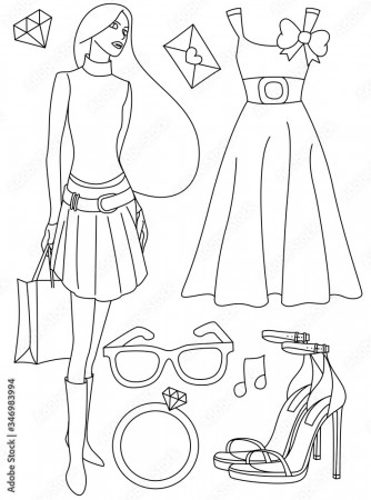 Coloring book page. Doodle outline vector illustration Of fashion girl with  a lot of elements. Cute coloring doodle. Black and white line art. Coloring  page for children. Girls coloring pages. Stock Vector |