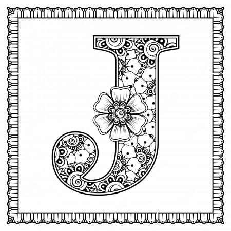 Premium Vector | Letter j made of flowers in mehndi style coloring book page  outline handdraw vector illustration