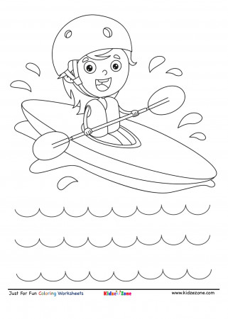 Kid kayaking along cartoon coloring page - KidzeZone