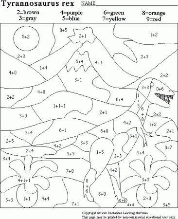 Dinosaur Color By Number Additions Coloring Page