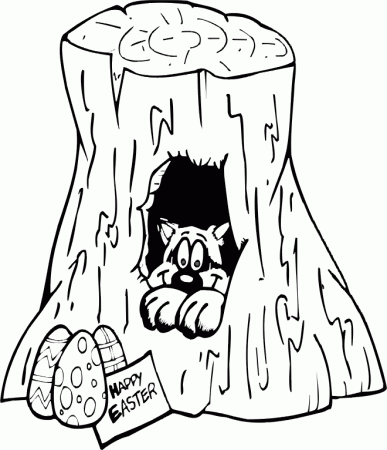 Happy Easter Coloring Page | A Happy Easter Sign By A Tree Stump