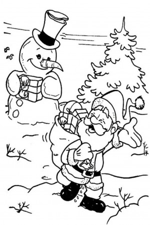Santa Gives A Gift For Snowman In Christmas Coloring Pages ...