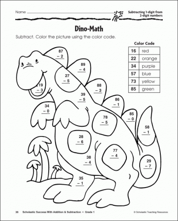 Dinosaur Color By Number Substraction Coloring Page
